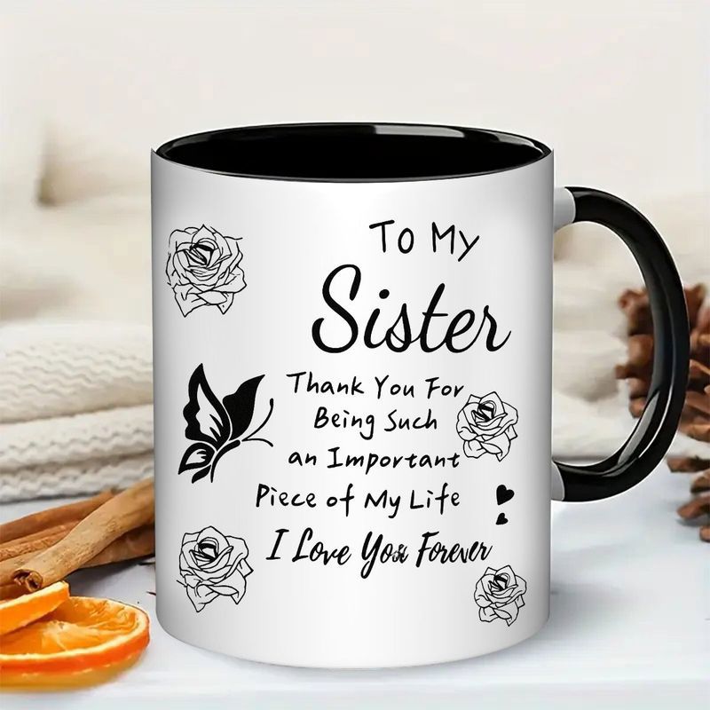Tailorly Black Accent 11 oz Mug - 11oz to my sister birthday christmas gift with message elegant black white ceramic cup