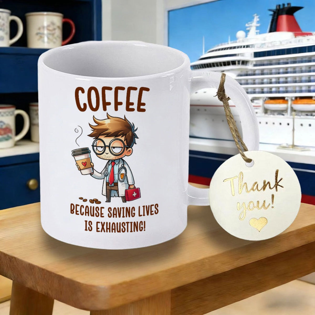 Tailorly White Ceramic 11 oz Mug - Coffee Because Saving Lives Is Exhausting Tired Medical Professional Wearing Glasses Holding Hot Steaming Beverage Doctor