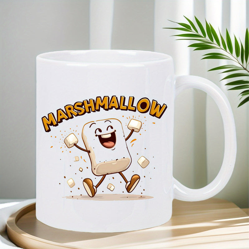 Tailorly White Ceramic 11 oz Mug - Marshmallow Happy Cartoon Character Jumping Joyfully With Tiny Pieces Scattered Around Marshmallow