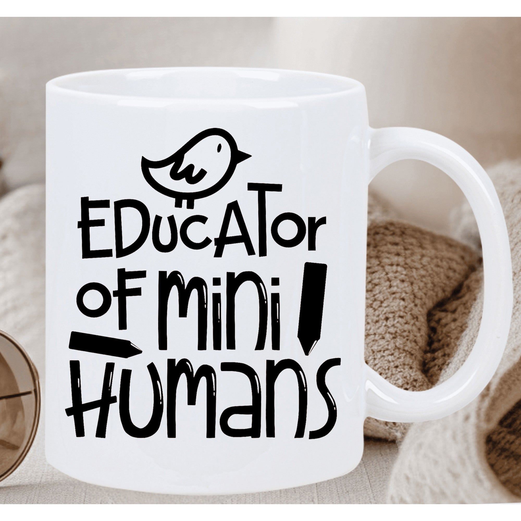 Tailorly White Ceramic 11 oz Mug - Educator Of Mini Humans Simple Bird Perched Above Playful Text Featuring Minimalist Pencil Accents Bird