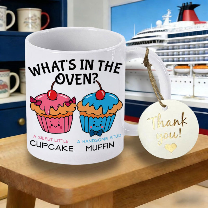 Tailorly White Ceramic 11 oz Mug - Whats In The Oven A Sweet Little Cupcake A Handsome Stud Muffin Two Cute Smiling Sweet Cupcakes Featuring Colorful Frosting And