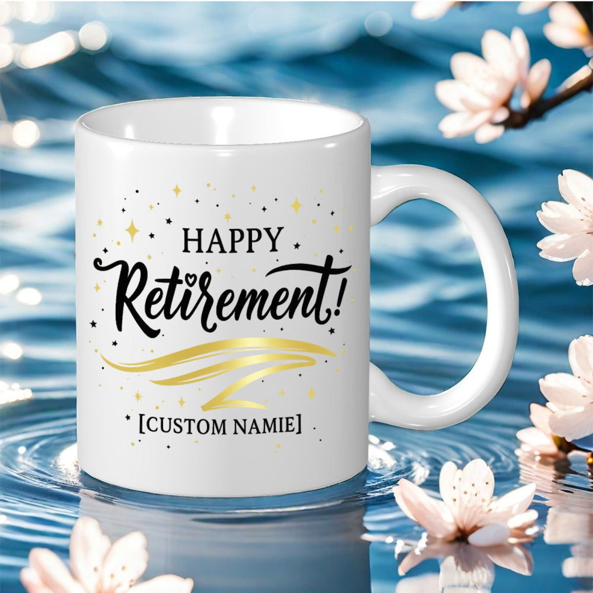 Tailorly White Ceramic 11 oz Mug - Happy Retirement Elegant Golden Brushstrokes Among Scattered Decorative Stars And Festive Dots Mug