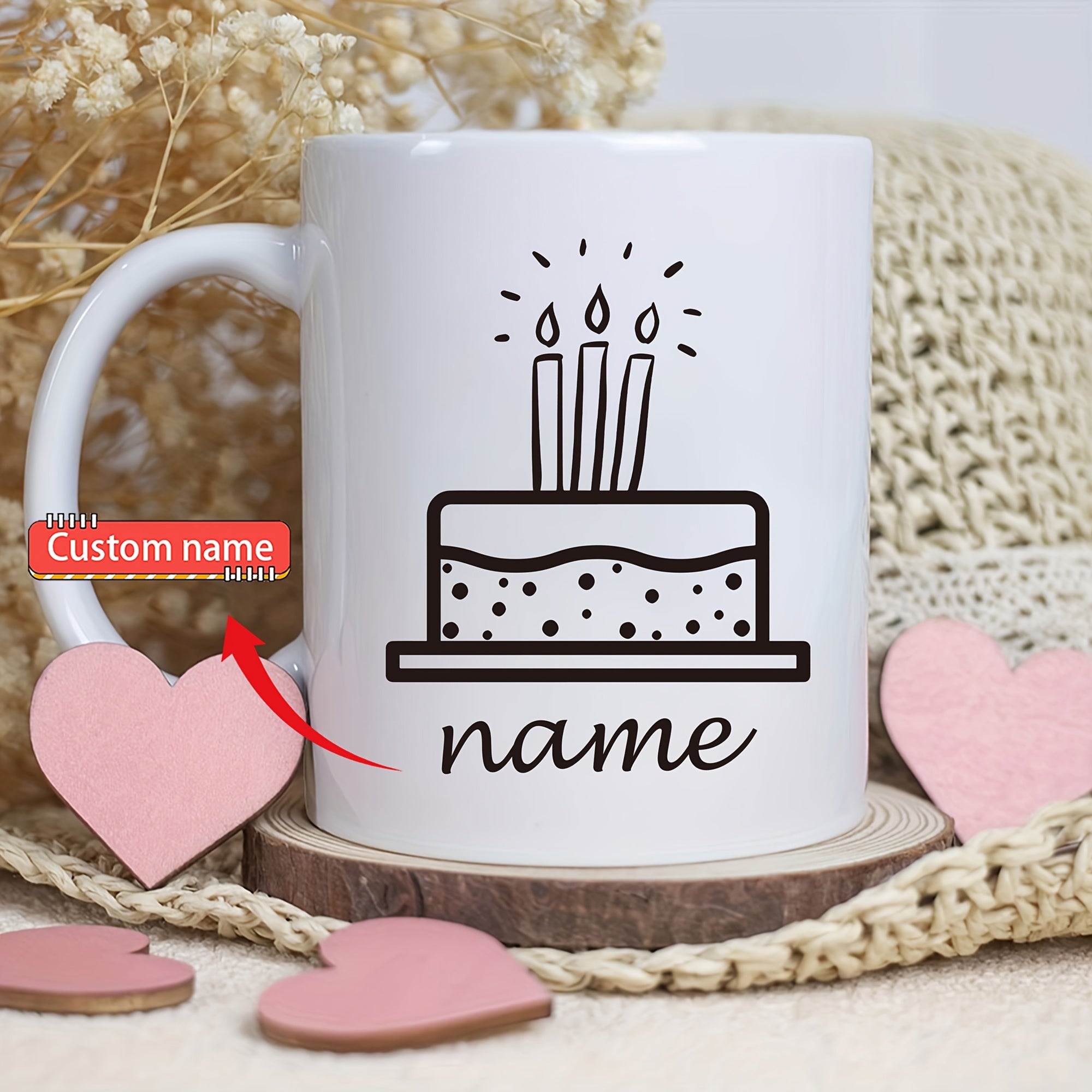 Tailorly White Ceramic 11 oz Mug - Name Simple Hand Drawn Celebration Birthday Cake With Three Glowing Lit Candles Cake