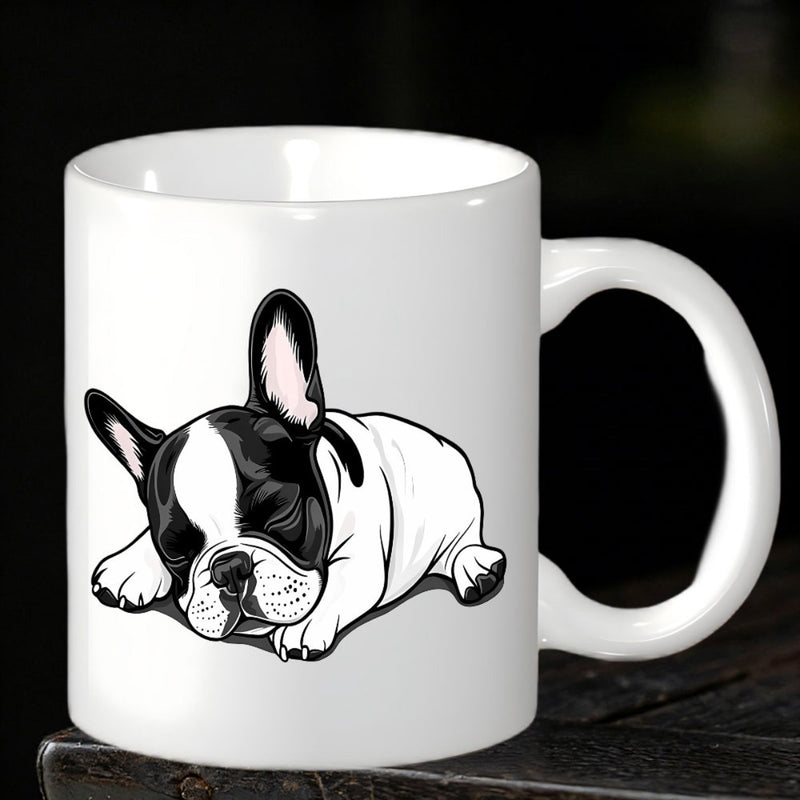 Tailorly White Ceramic 11 oz Mug - Peaceful Resting French Bulldog Illustration With Black And White Patterns Bulldog