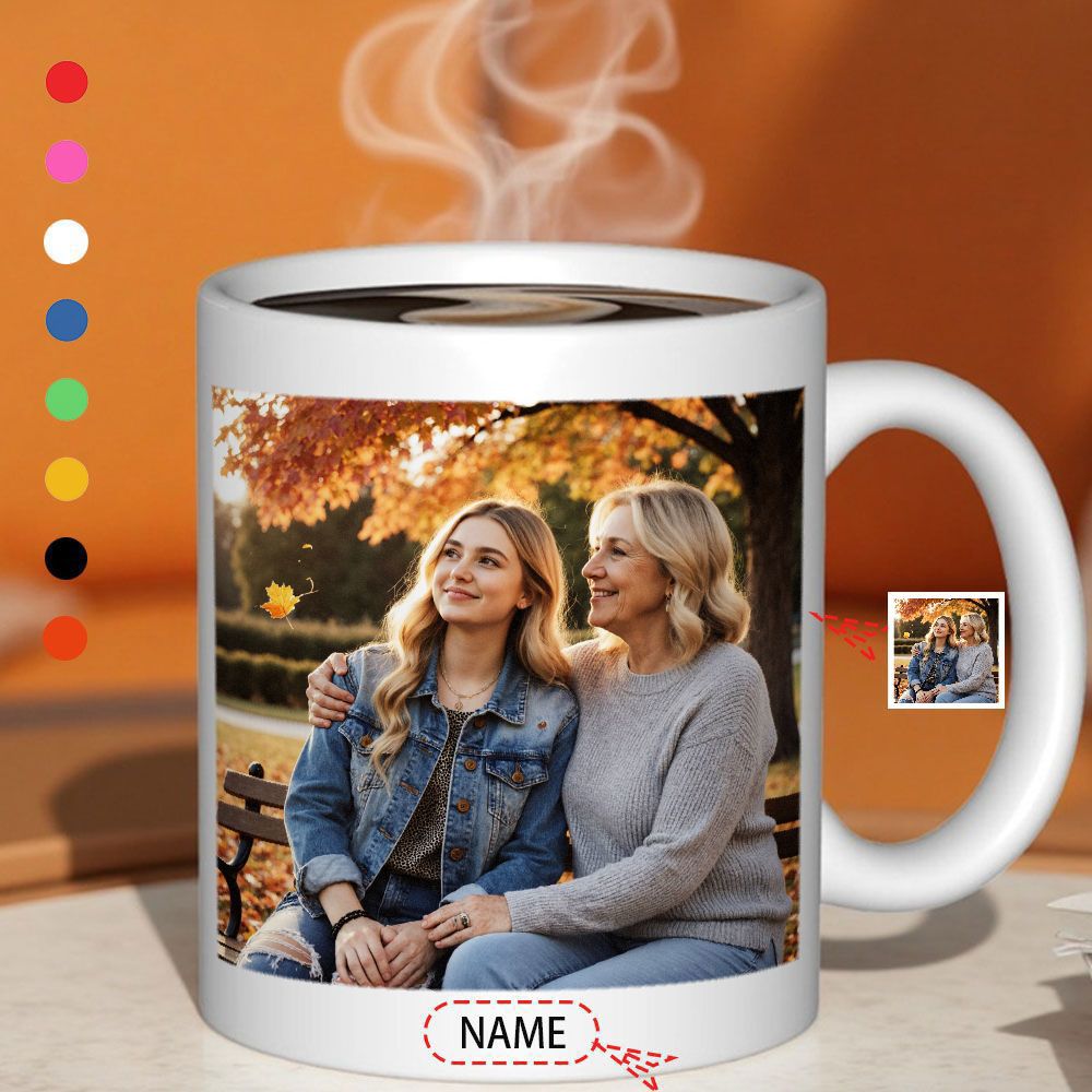 Tailorly White Ceramic 11 oz Mug - Two Women Sitting On Park Bench Under Golden Autumn Foliage Portrait