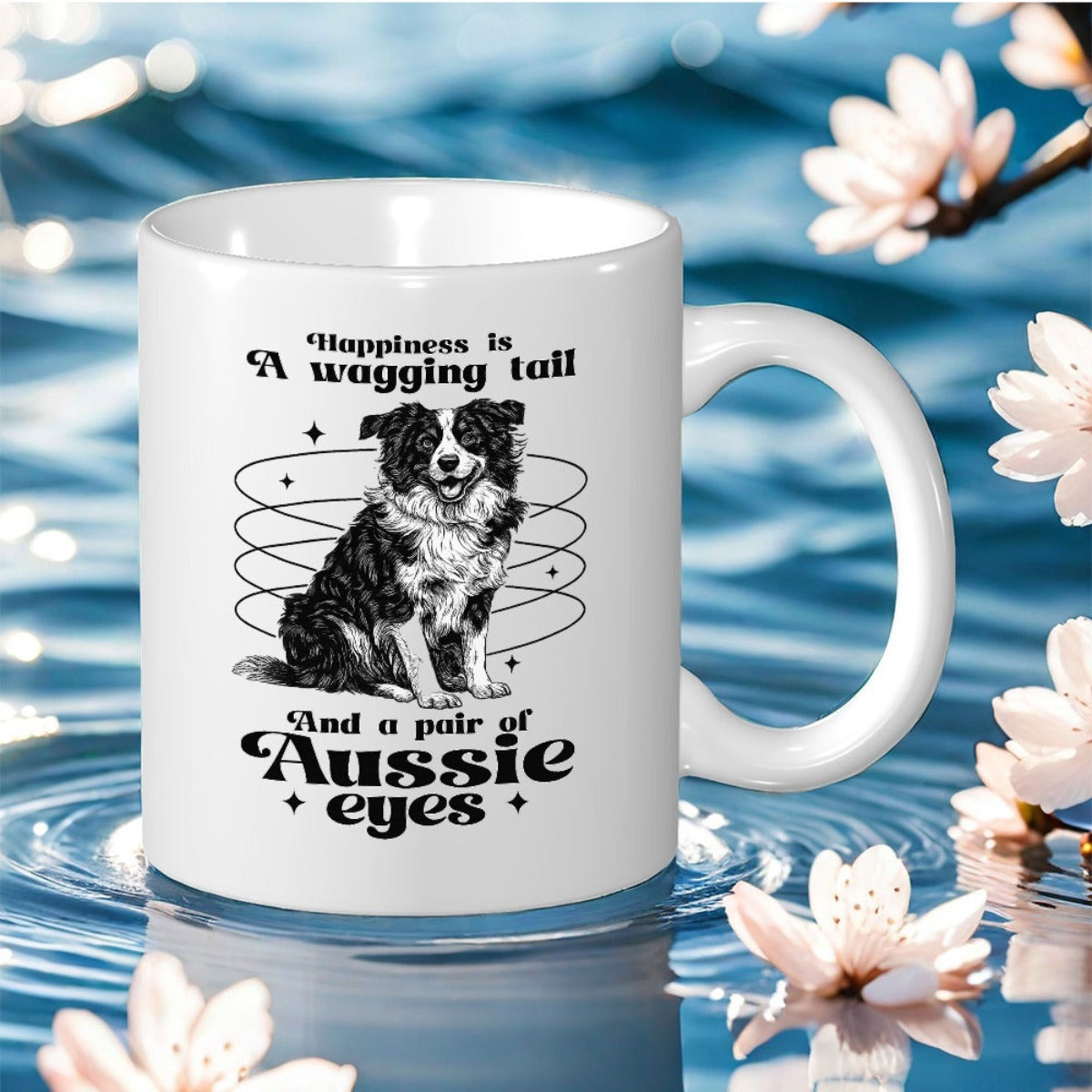 Tailorly White Ceramic 11 oz Mug - Happiness Is A Wagging Tail And A Pair Of Aussie Eyes Retro Style Illustration Of A Sitting Dog Within Circular Lines Border
