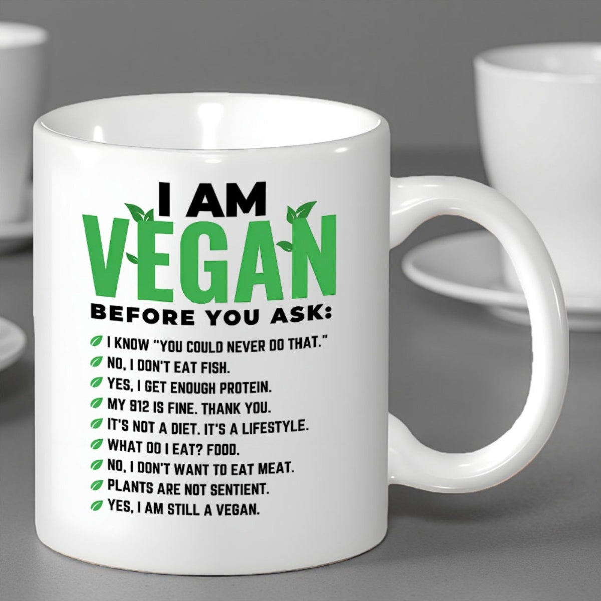 Tailorly White Ceramic 11 oz Mug - I Am Vegan Before You Ask Simple Green Leaf Accents With Checkmark List Layout Mug