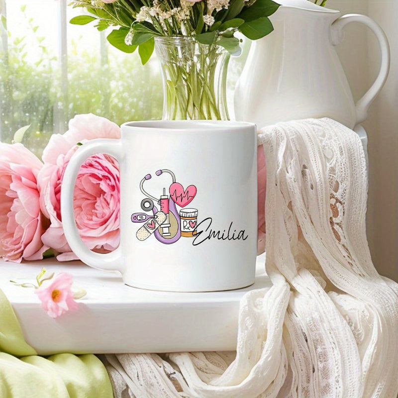 Tailorly White Ceramic 11 oz Mug - Emilia Colorful Medical Tools Featuring A Pink Heart And Professional Stethoscope
