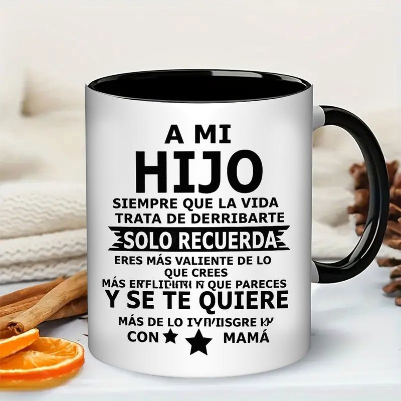 Tailorly Black Accent 11 oz Mug - spanish and english text "to my son from mom" with love theme
