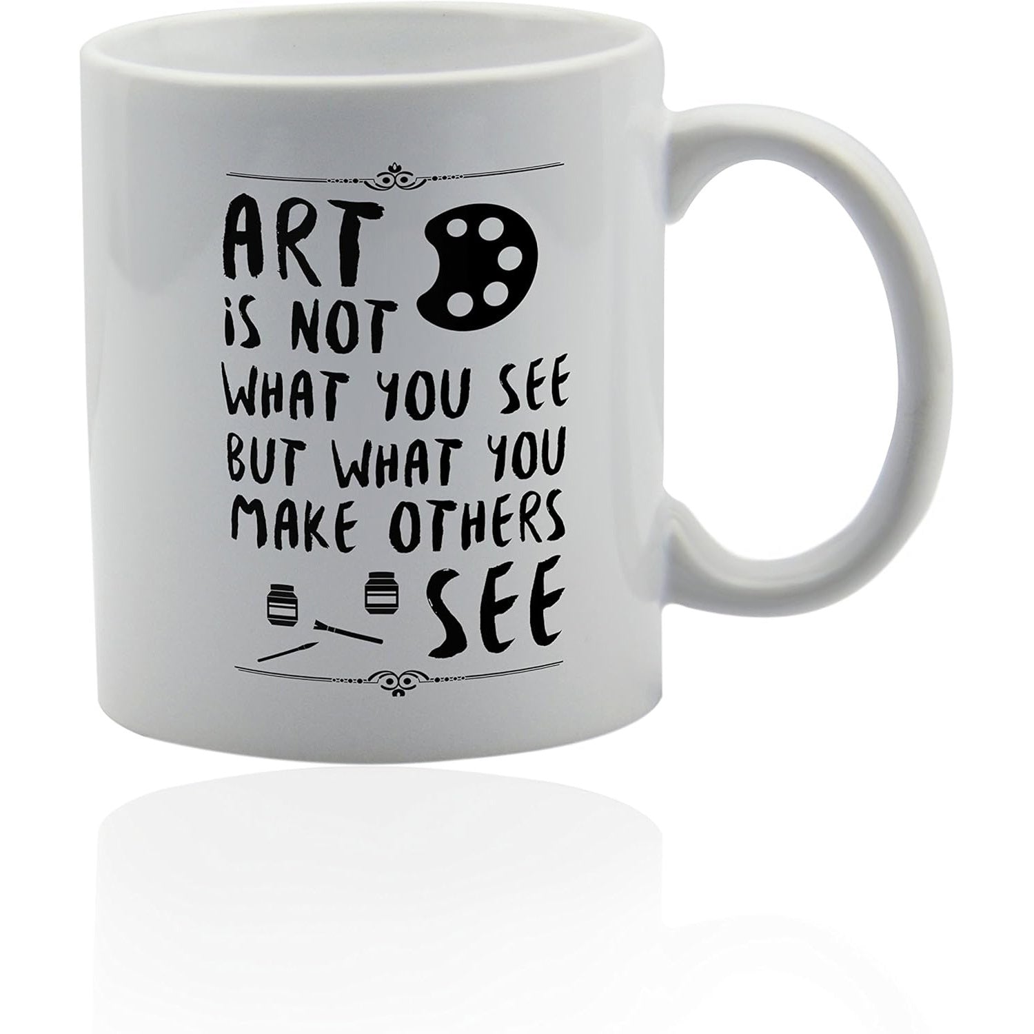 Tailorly White Ceramic 11 oz Mug - Art Is Not What You See But What You Make Others See Creative Artist Palette With Paint Brushes And Ink Pots Mug