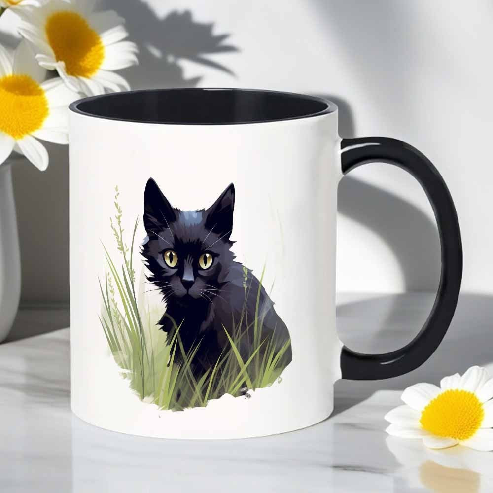 Tailorly Black Accent 11 oz Mug - realistic black cat in grass illustration
