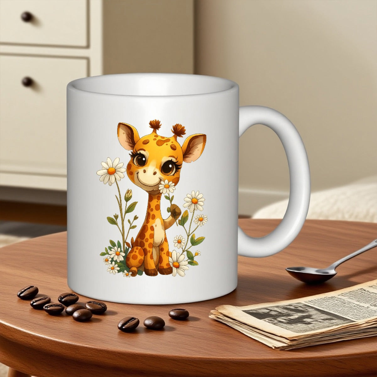 Tailorly White Ceramic 11 oz Mug - Cute Baby Animal Sitting Among Blooming White Daisy Spring Flowers Giraffe