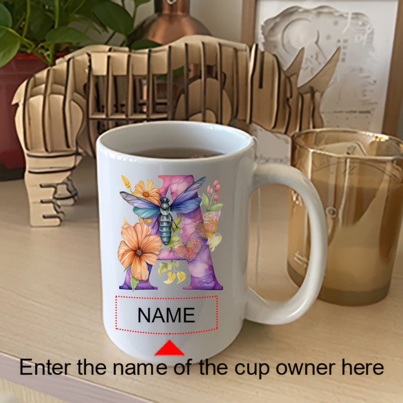 Tailorly White Ceramic 11 oz Mug - Name Elegant Watercolor Letter A Decorated With Vibrant Flowers And Butterfly Monogram