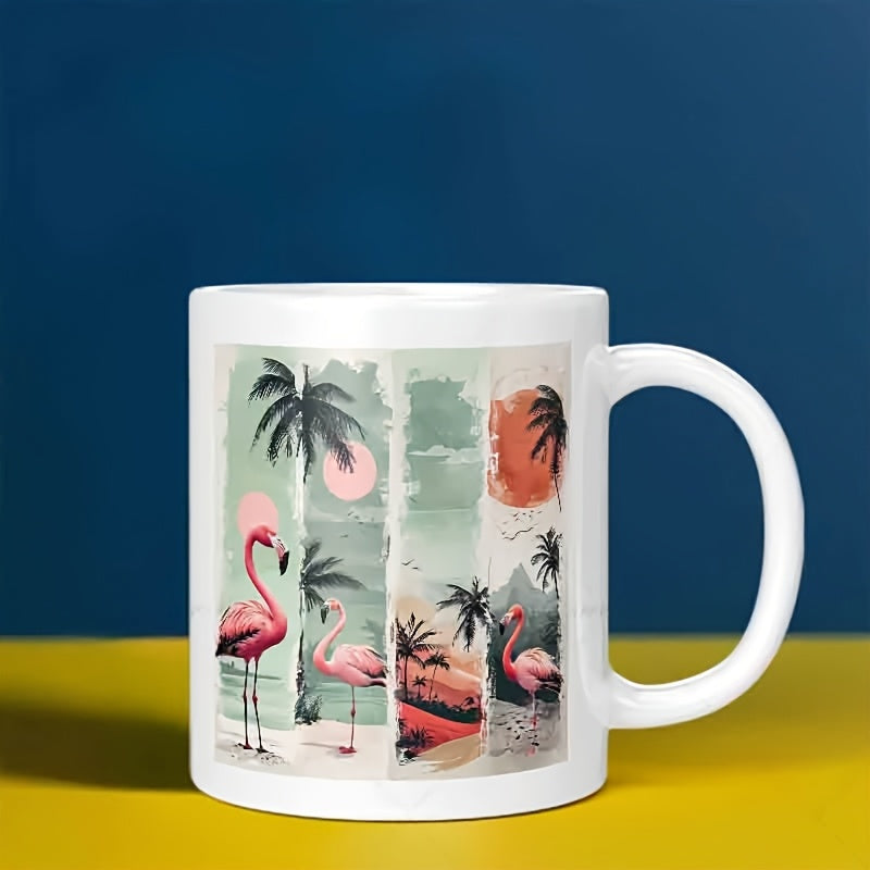 Tailorly White Ceramic 11 oz Mug - Elegant Pink Birds Standing Among Tropical Palms Under Glowing Sunset Flamingo