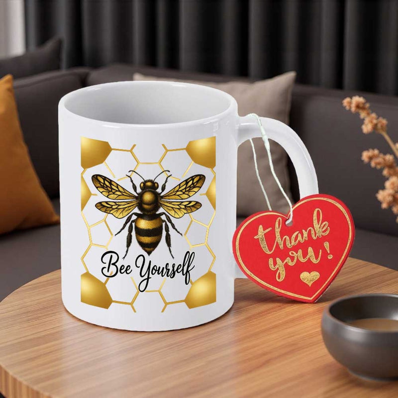 Tailorly White Ceramic 11 oz Mug - Bee Yourself Golden Honeycomb Pattern With Detailed Wings Spreading Over Elegant Background Bee