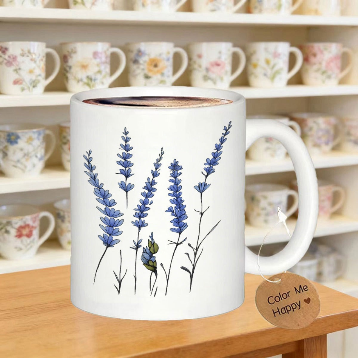 Tailorly White Ceramic 11 oz Mug - Color Me Happy Elegant Purple Blooming Botanical Plants Growing In A Peaceful Wild Garden Lavender