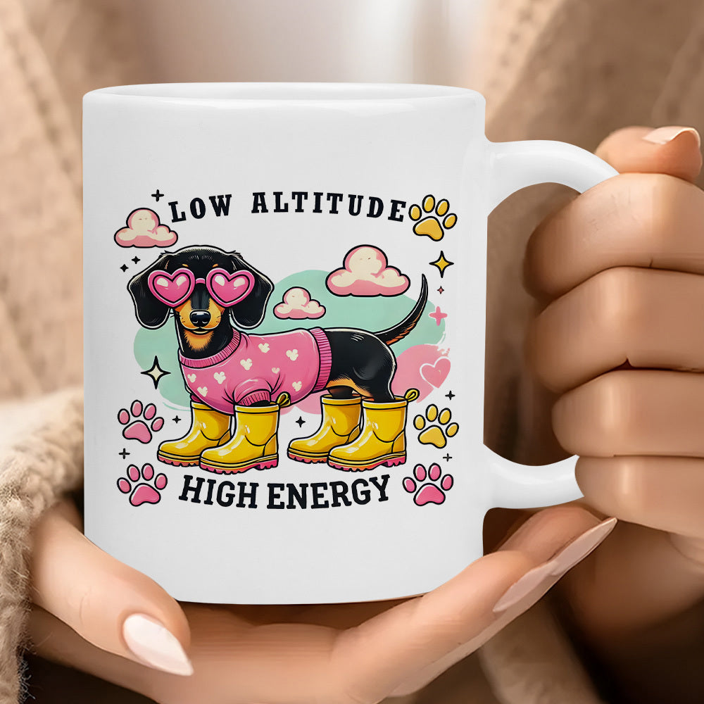 Tailorly White Ceramic 11 oz Mug - Low Altitude High Energy Wearing Pink Heart Glasses And Yellow Boots Among Colorful Clouds Dachshund