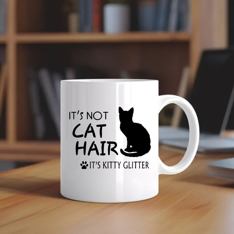 Tailorly White Ceramic 11 oz Mug - Its Not Cat Hair Its Kitty Glitter Minimalist Black Silhouette Of A Sitting Pet Feline With Curly Tail Cat