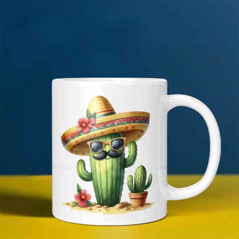Tailorly White Ceramic 11 oz Mug - Vibrant Green Desert Plant Wearing Mexican Sombrero And Stylish Sunglasses Cactus