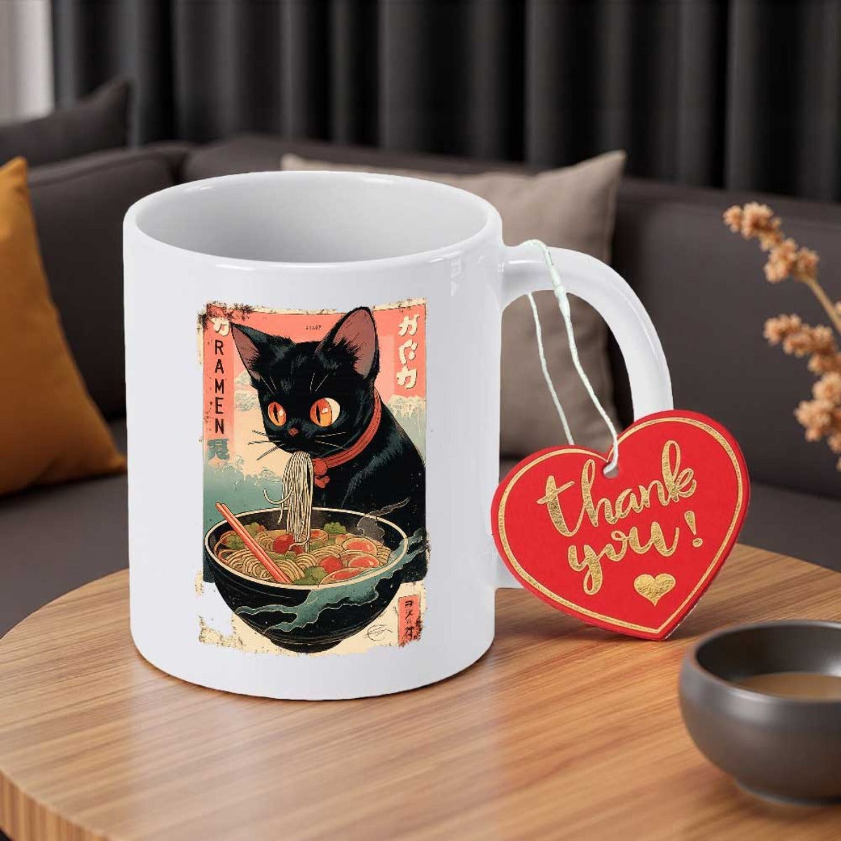 Tailorly White Ceramic 11 oz Mug - Ramen Adorable Black Cat Eating Steamy Noodles Within A Japanese Scenery Cat
