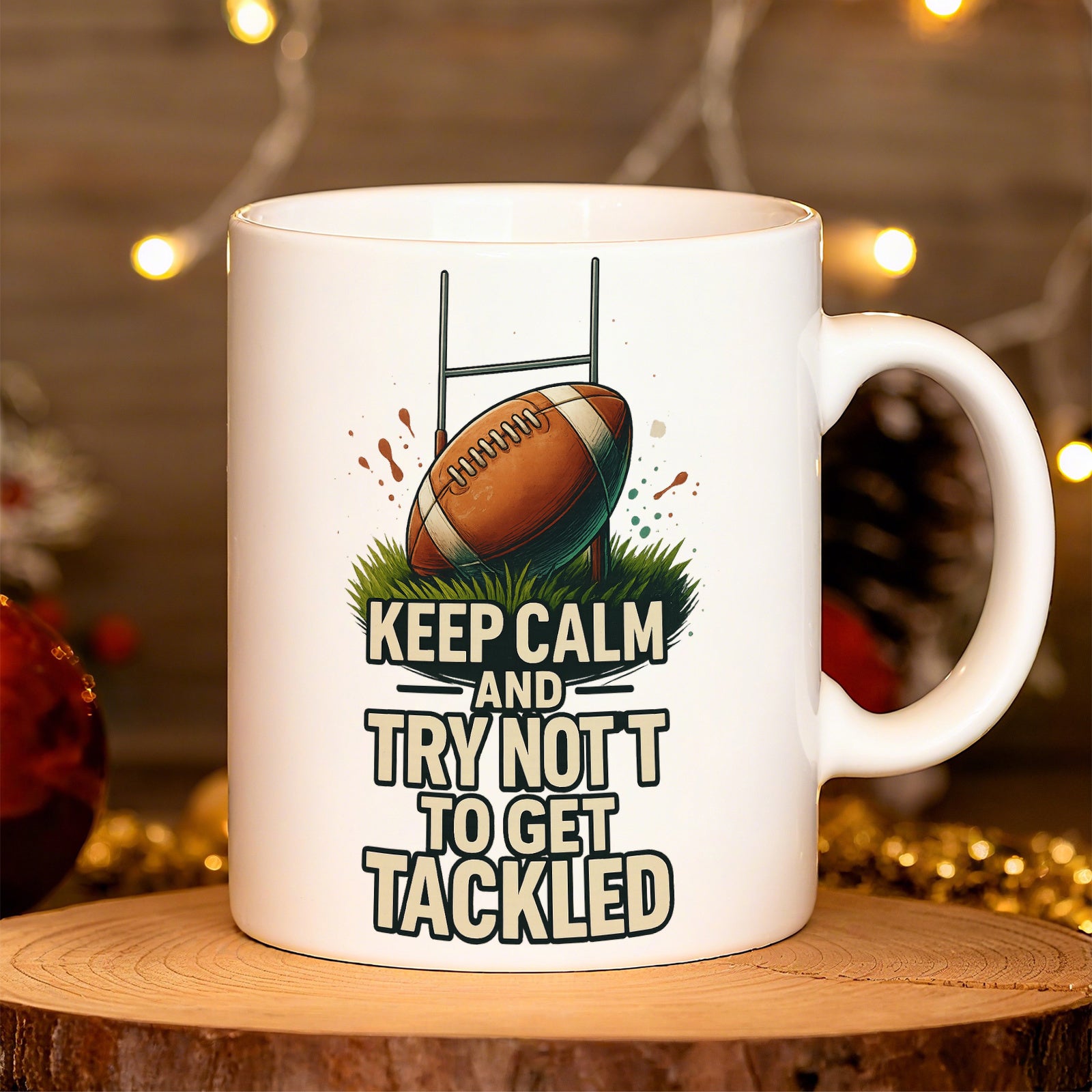 Tailorly White Ceramic 11 oz Mug - Keep Calm And Try Not To Get Tackled American Football Resting On Green Grass Before Goalpost Splatter Football