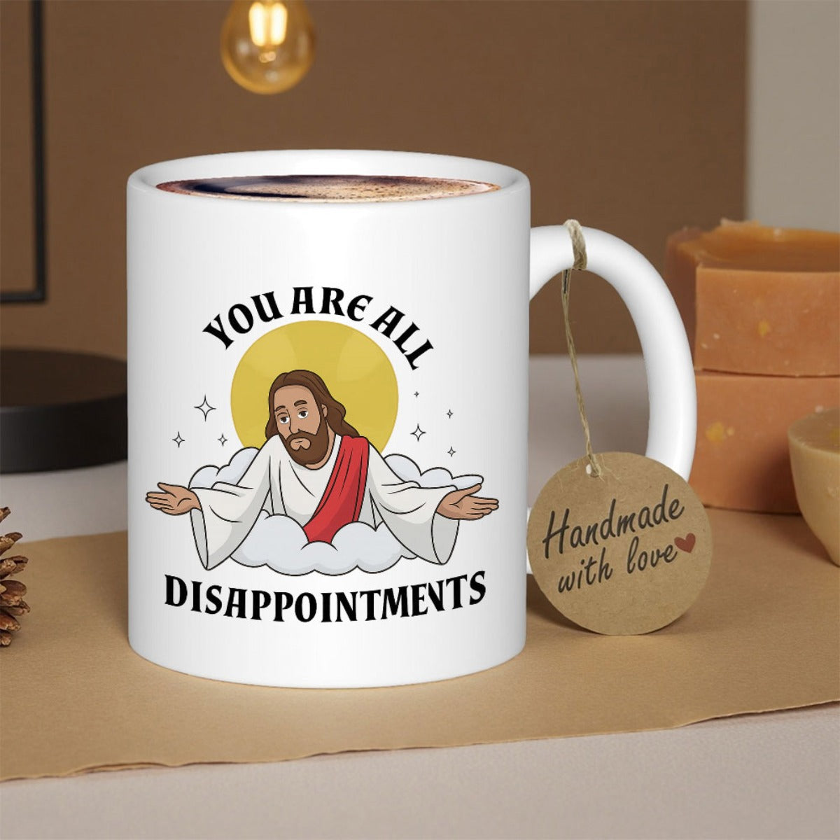 Tailorly White Ceramic 11 oz Mug - You Are All Disappointments Divine Figure With Golden Halo Emerging From Soft White Clouds Jesus