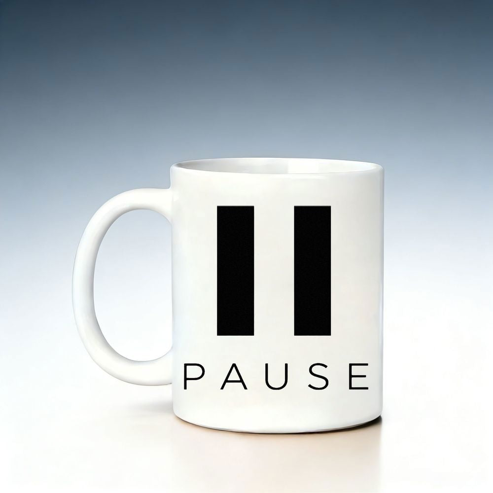 Tailorly White Ceramic 11 oz Mug - Pause Minimalist Modern Style Vertical Double Bars Featuring Bold Black Design Sign
