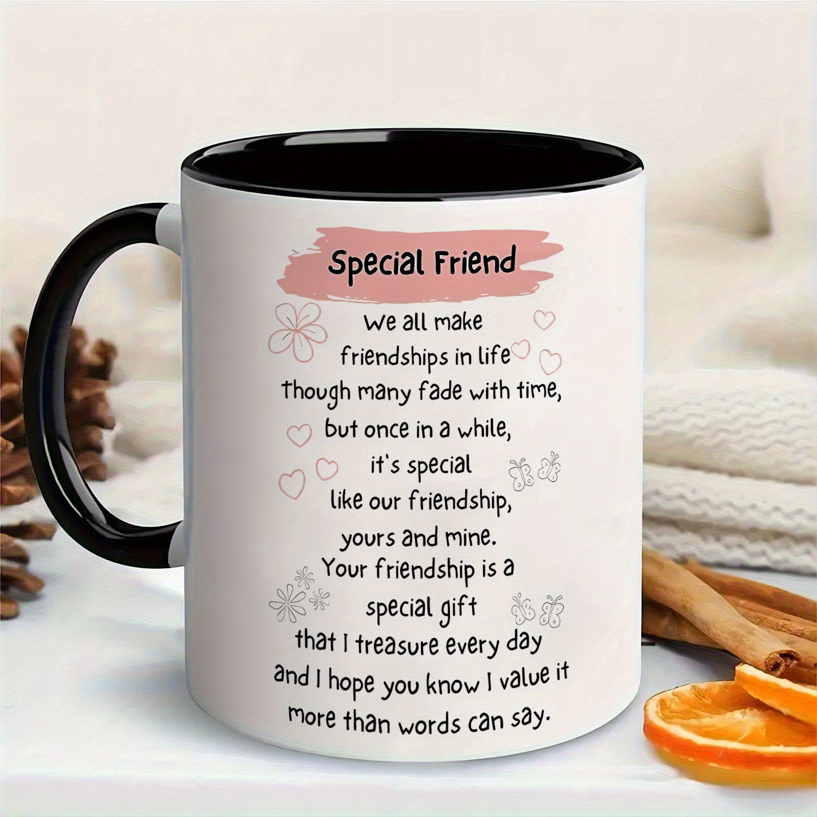 Tailorly Black Accent 11 oz Mug - heart floral friendship look poem like phrases