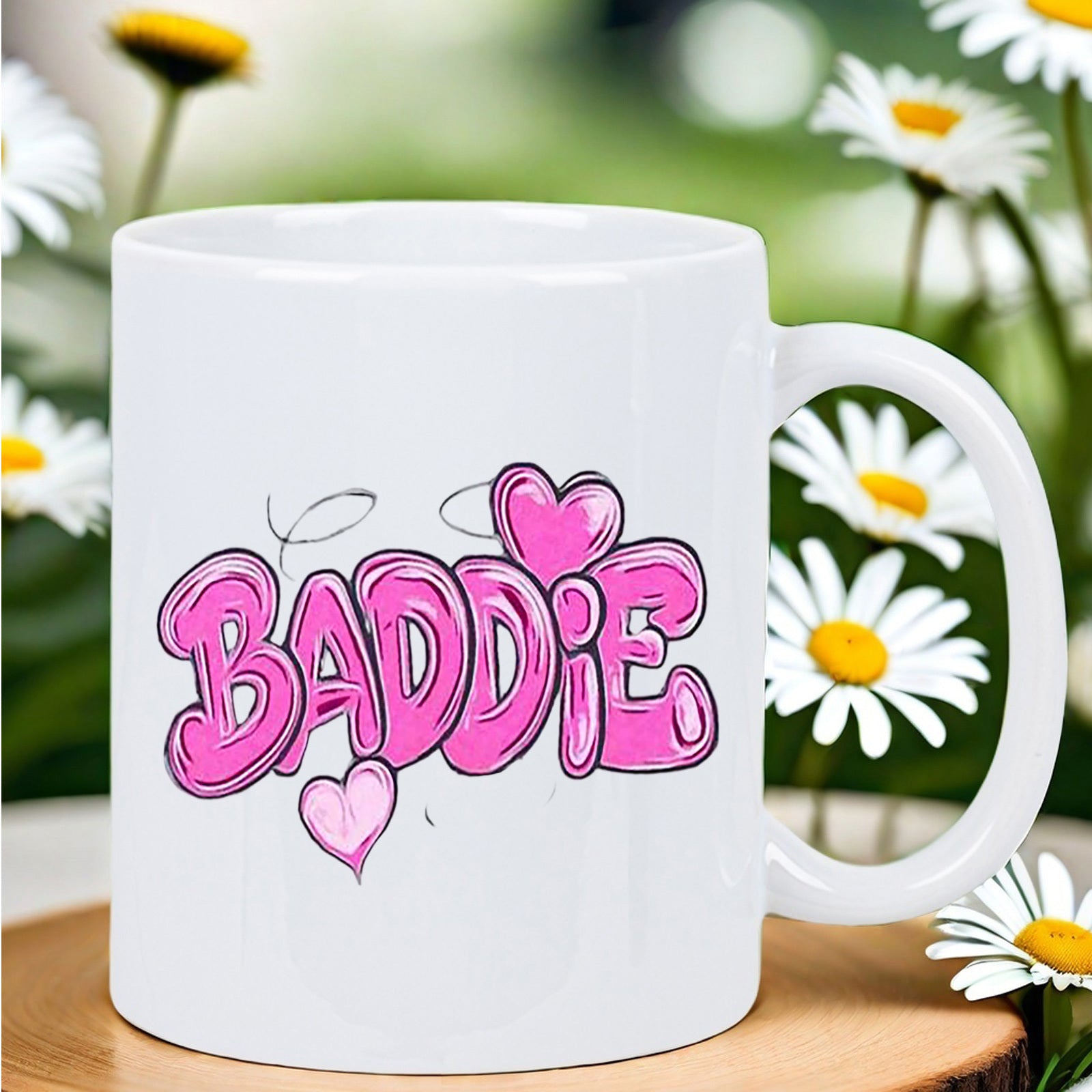 Tailorly White Ceramic 11 oz Mug - Baddie Pink Bubble Letters With Sweet Hearts Floating In The Air Heart