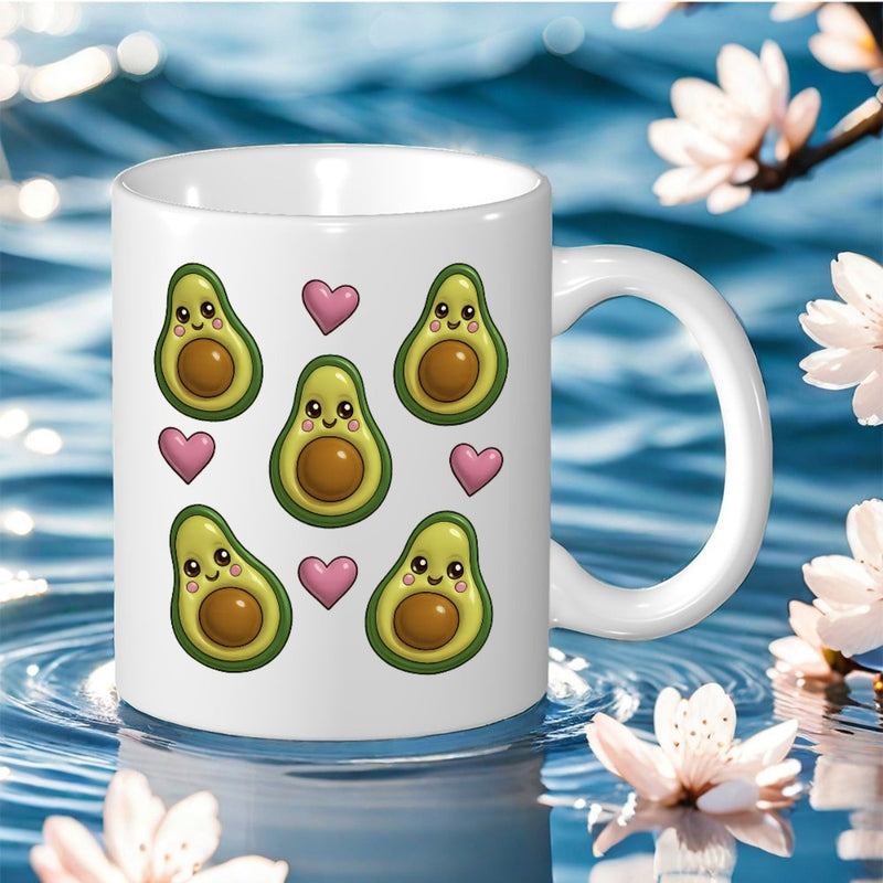 Tailorly White Ceramic 11 oz Mug - Adorable Cartoon Characters With Small Pink Hearts On Ceramic Avocado