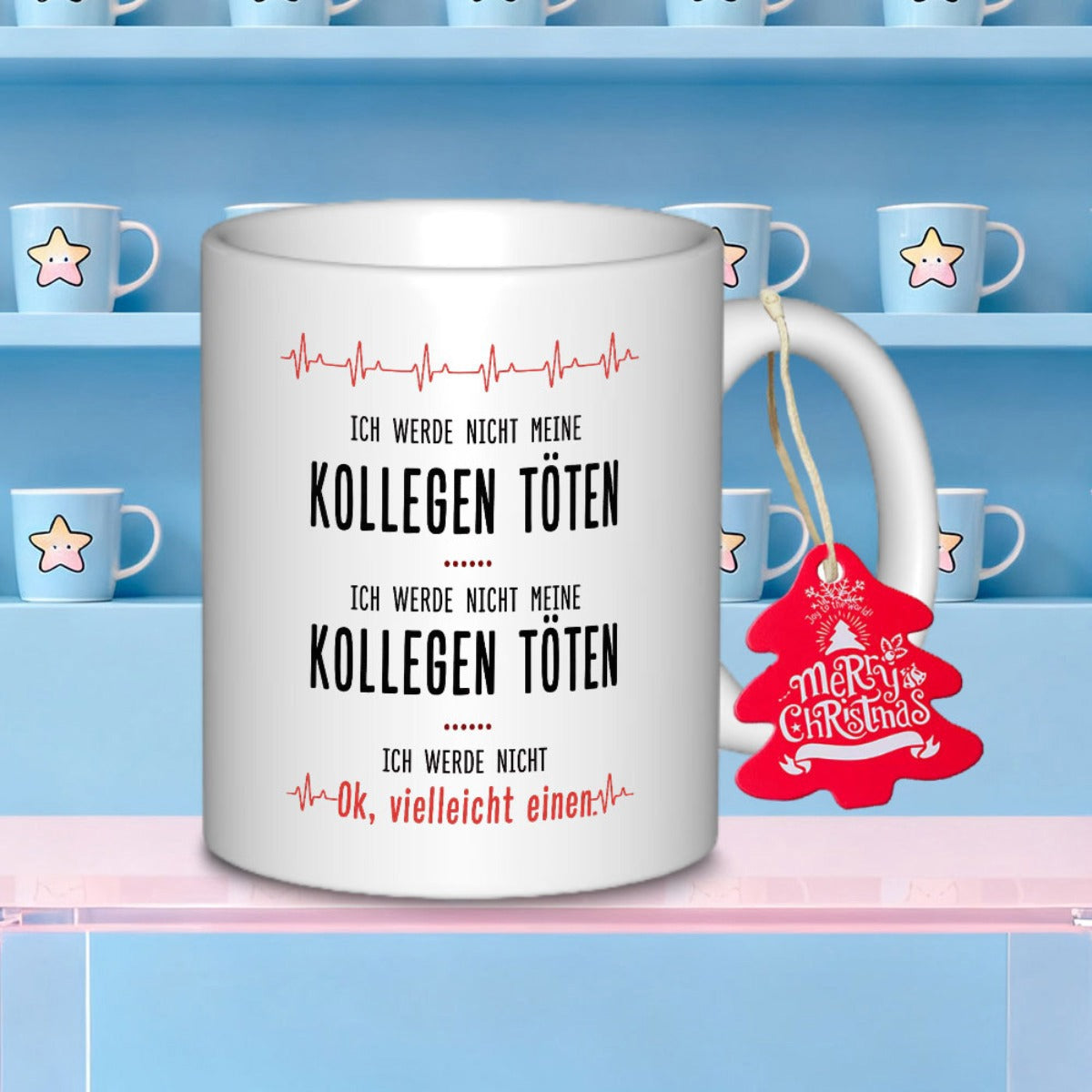 Tailorly White Ceramic 11 oz Mug - Merry Christmas Red Heartbeat Line With Festive Holiday Tree Tag Hanging On Mug