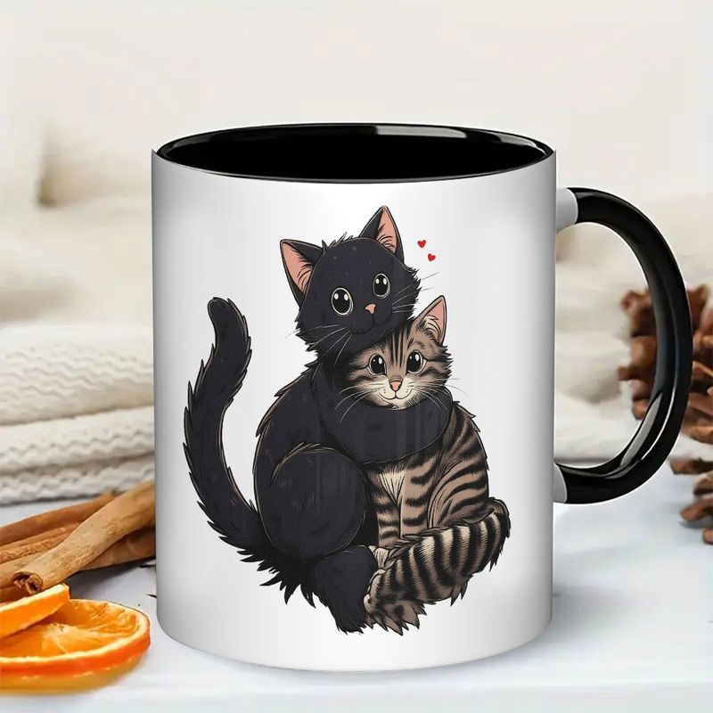 Tailorly Black Accent 11 oz Mug - item picture 11oz cute black tabby kitten hugging mug adorable smiling black kitten design ceramic coffee cup with