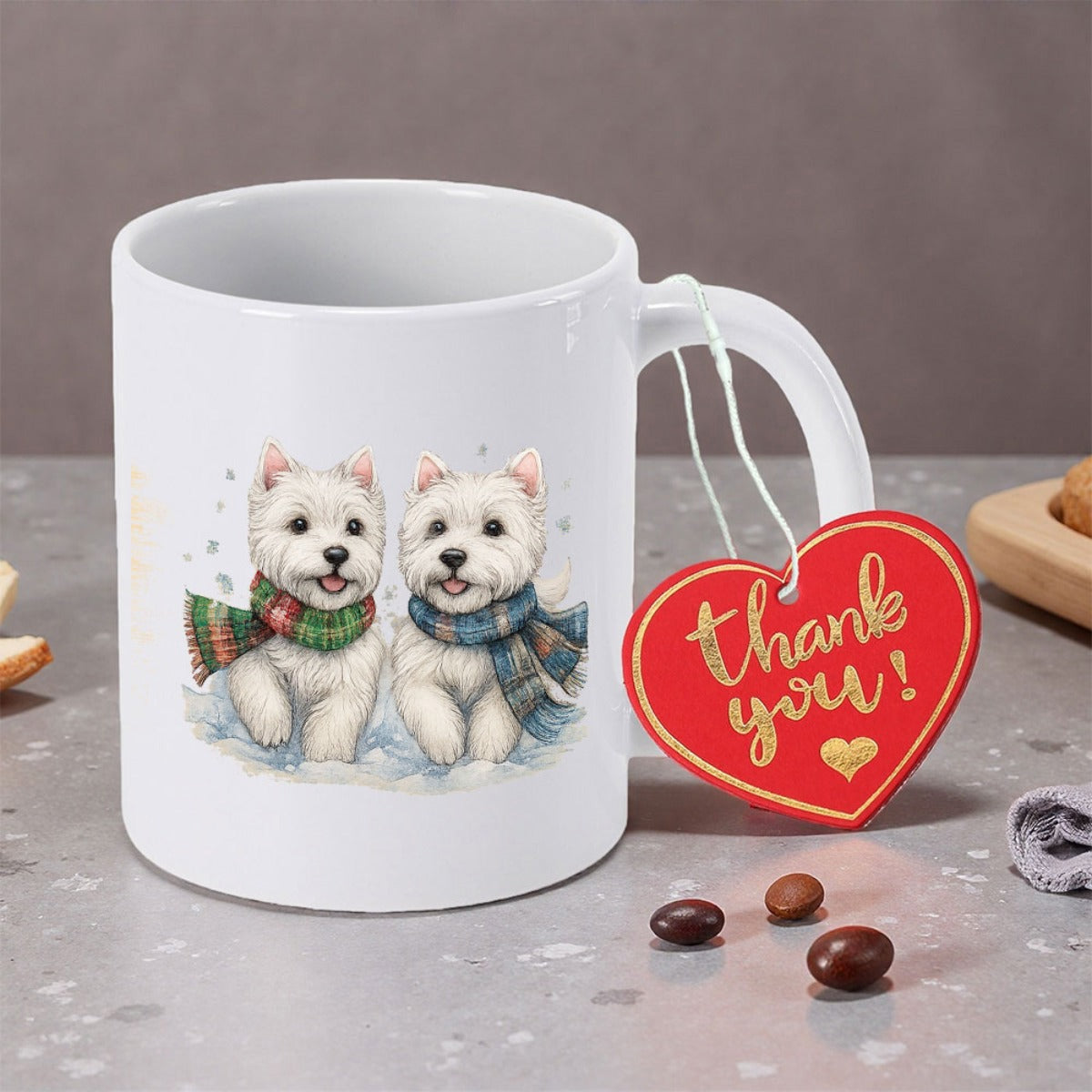 Tailorly White Ceramic 11 oz Mug - Thank You Two Charming Fluffy White Terriers Wearing Festive Colorful Winter Scarves Dog