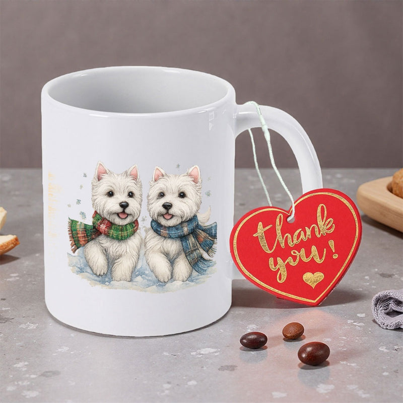 Tailorly White Ceramic 11 oz Mug - Thank You Two Charming Fluffy White Terriers Wearing Festive Colorful Winter Scarves Dog