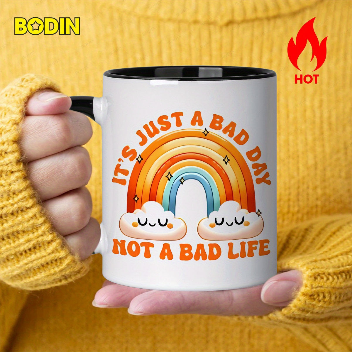 Tailorly Black Accent 11 oz Mug - rainbow clouds pattern