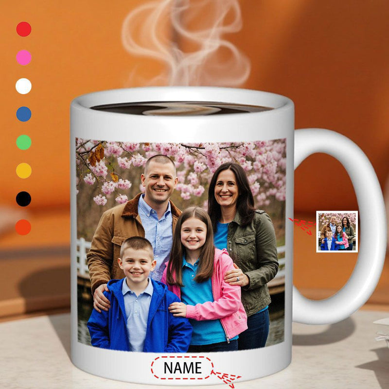 Tailorly White Ceramic 11 oz Mug - Name Happy Smiling Family Posing Together Outdoors Under Beautiful Blooming Cherry Blossom Trees Family
