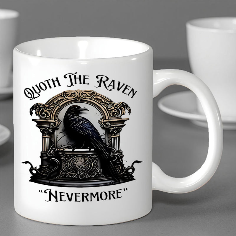 Tailorly White Ceramic 11 oz Mug - Quoth The Raven Nevermore Ornate Gothic Stone Arch Featuring A Majestic Black Perched Bird Raven