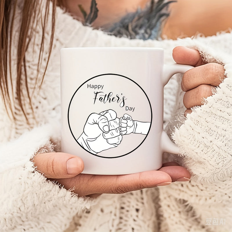 Tailorly White Ceramic 11 oz Mug - Happy Fathers Day Minimalist Line Art Drawing Of Parent And Baby Touching Hands Fist