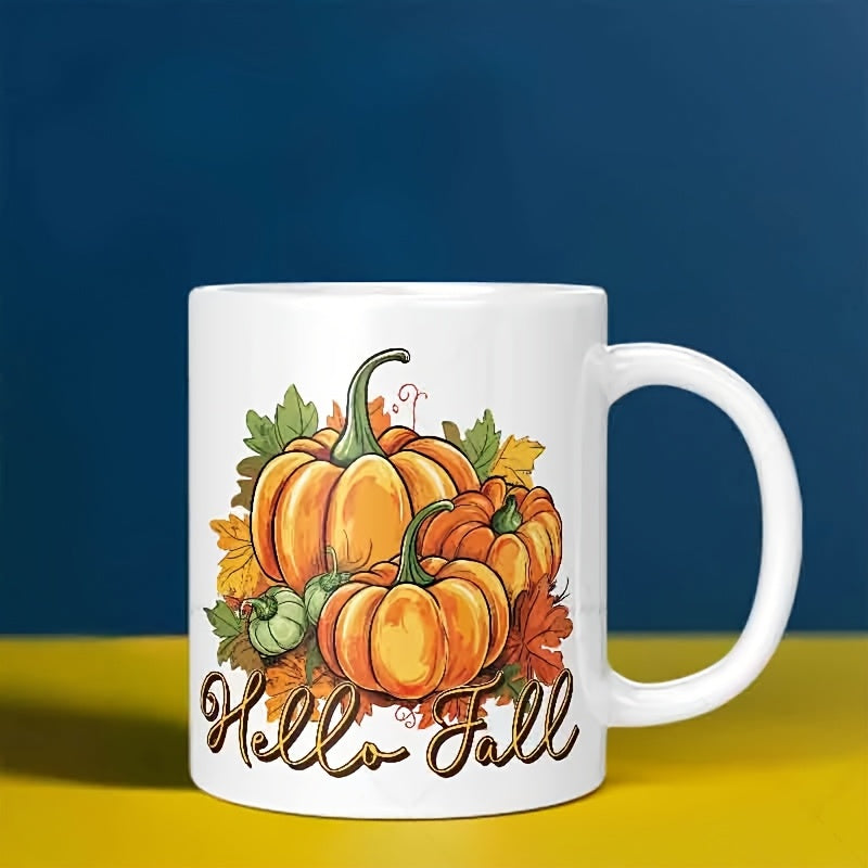 Tailorly White Ceramic 11 oz Mug - Hello Fall Vibrant Orange Harvest Items Nestled Among Lush Golden Autumn Leaves Pumpkin