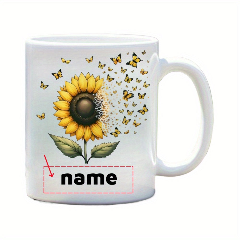 Tailorly White Ceramic 11 oz Mug - Name Elegant Petals Transforming Into Flight Of Golden Garden Butterflies Sunflower