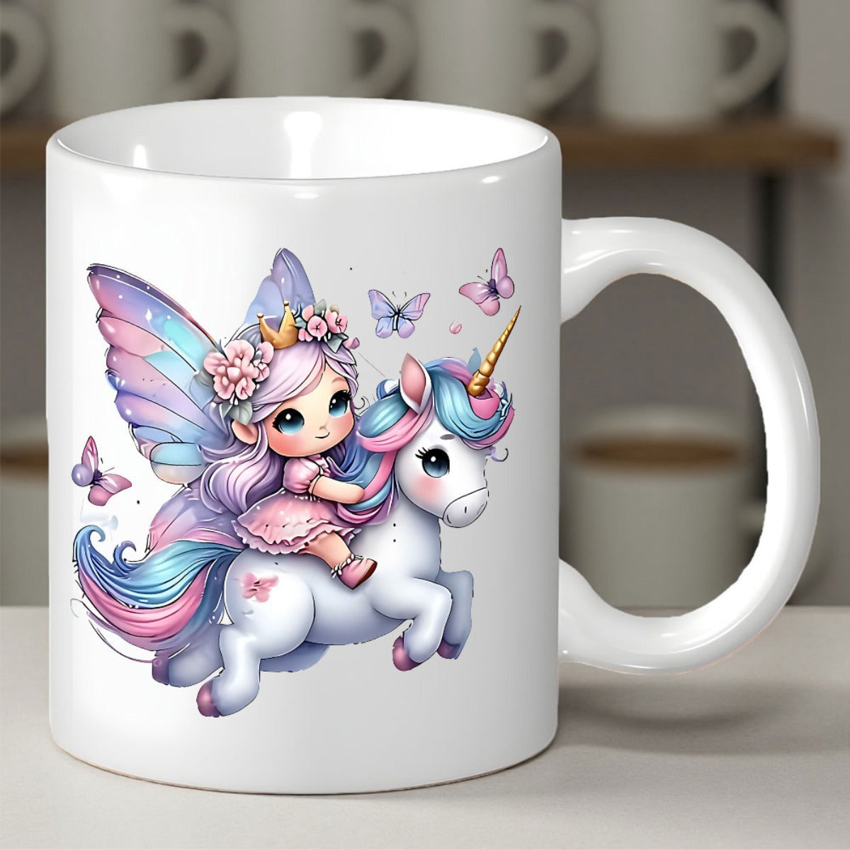 Tailorly White Ceramic 11 oz Mug - Cute Fairy Girl With Glittering Wings Riding A Magical Pastel Unicorn