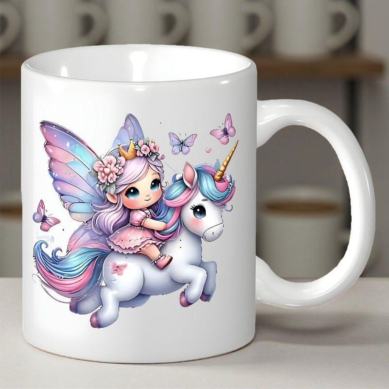 Tailorly White Ceramic 11 oz Mug - Cute Fairy Girl With Glittering Wings Riding A Magical Pastel Unicorn