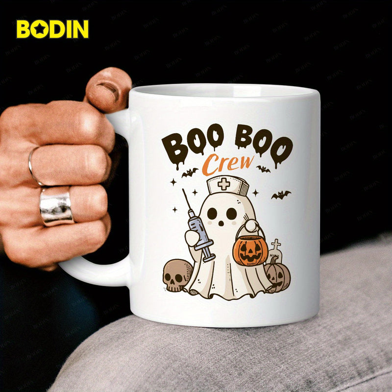 Tailorly White Ceramic 11 oz Mug - Boo Boo Crew Cute Halloween Ghost Wearing Nurse Cap Holding Syringe And Pumpkin Ghost