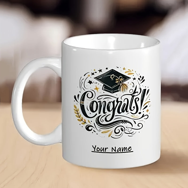 Tailorly White Ceramic 11 oz Mug - Congrats Your Name Festive Swirls And Shining Stars Accompanying A Classic Academic Graduation Cap