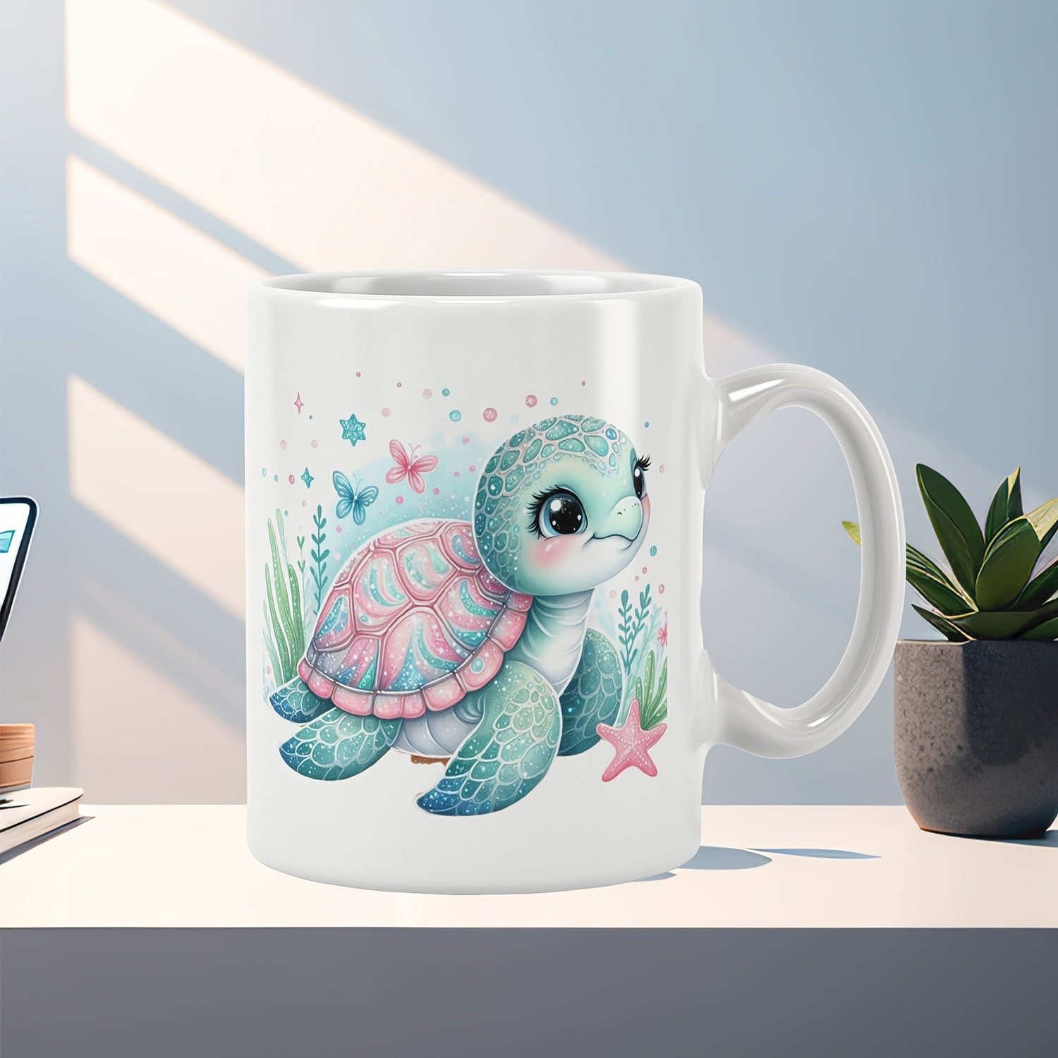 Tailorly White Ceramic 11 oz Mug - Adorable Aquatic Scene Featuring Soft Pastel Colors And Friendly Swimming Turtle