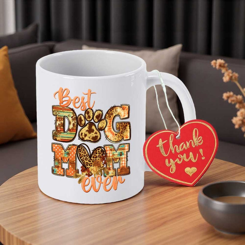 Tailorly White Ceramic 11 oz Mug - Best Dog Mom Ever Decorative Patterned Block Letters Featuring Leopard Heart And Paw Mug
