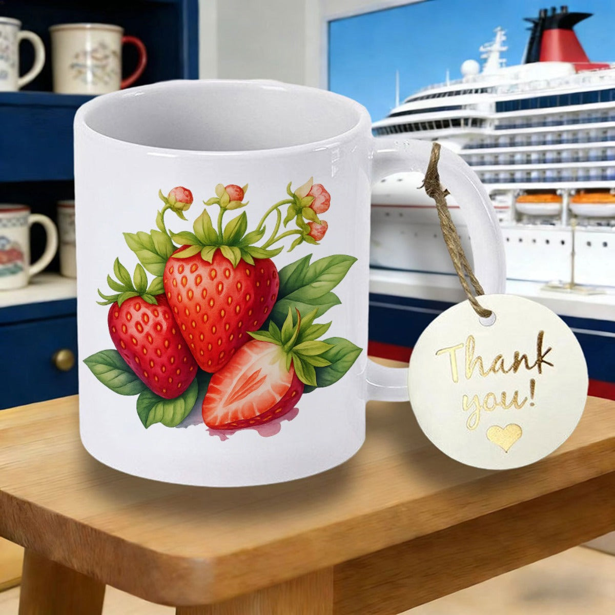 Tailorly White Ceramic 11 oz Mug - Lush Ripe Garden Berries With Green Leaves And Blossoms Strawberry