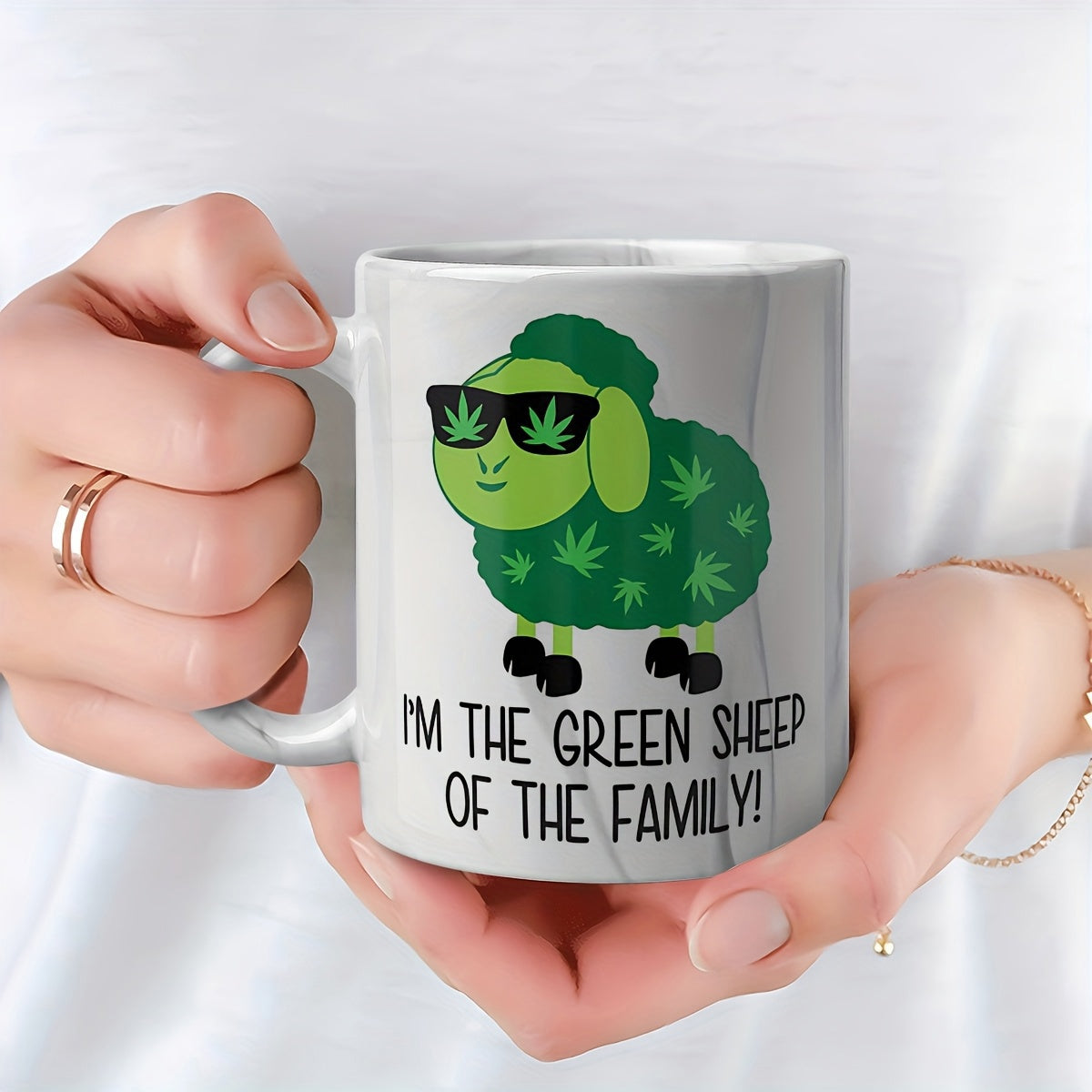 Tailorly White Ceramic 11 oz Mug - Im The Green Sheep Of The Family Cartoonish Green Animal Wearing Sunglasses With Marijuana Leaf Patterns Sheep
