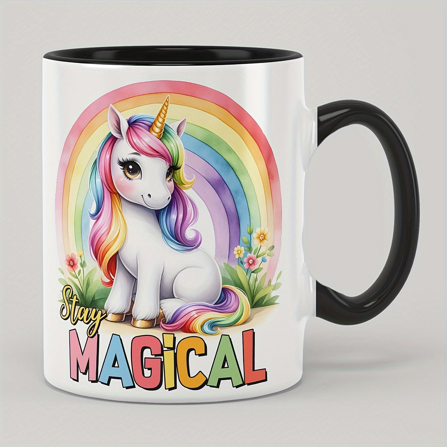 Tailorly Black Accent 11 oz Mug - unicorn rainbow