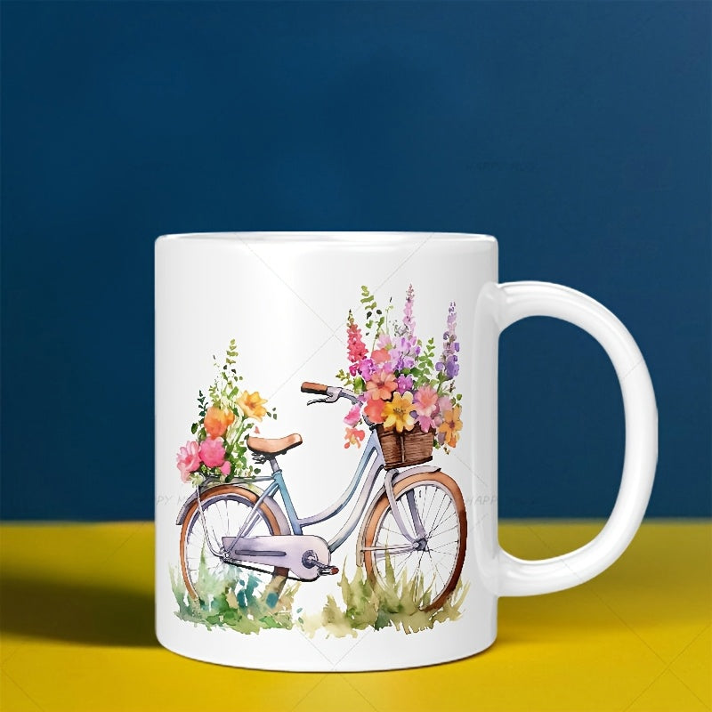 Tailorly White Ceramic 11 oz Mug - Vintage Blue Watercolor Frame Carrying Colorful Spring Flower Baskets Bicycle